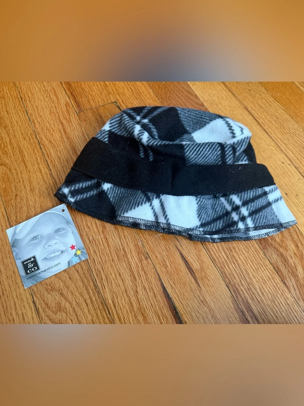 Kids Black & White Plaid Fleece Hat with Bow